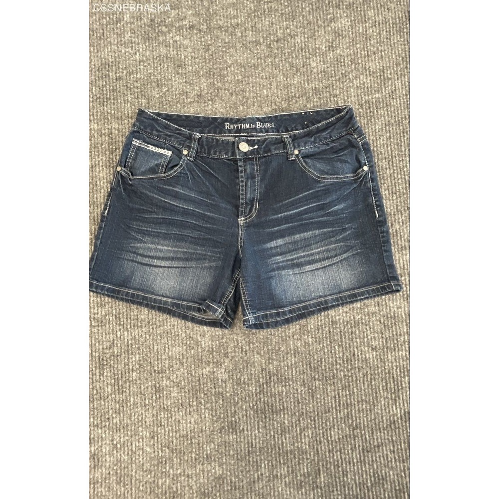Rhythm in Blues Women's Dark Wash Denim Shorts Embroidered Flap Pocket Sz 12